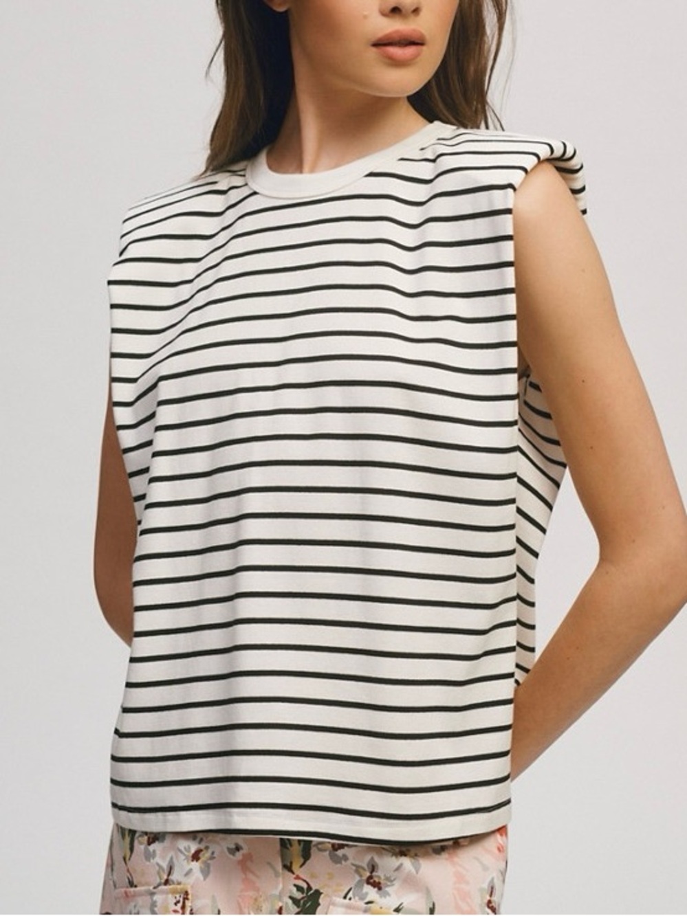 Maeve by Anthropologie Striped Padded Shoulder Sleeveless Knit Top White Black